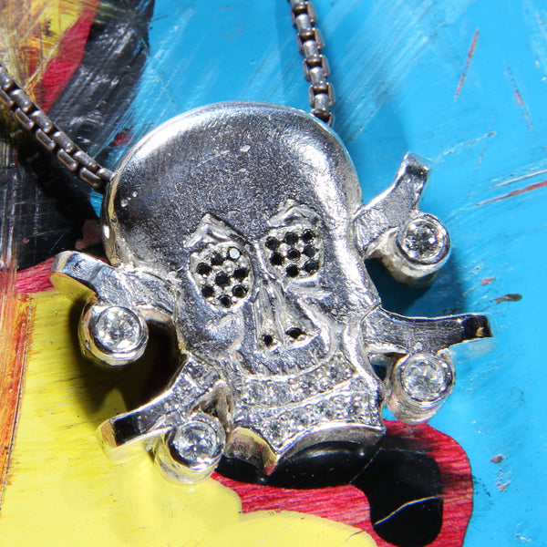 Skull & Skateboard Crossbones Pendant (White Diamonds, Black Diamonds, Silver)