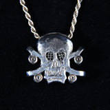 Skull & Skateboard Crossbones Pendant (Gold Inlay, Black Diamonds, Silver)